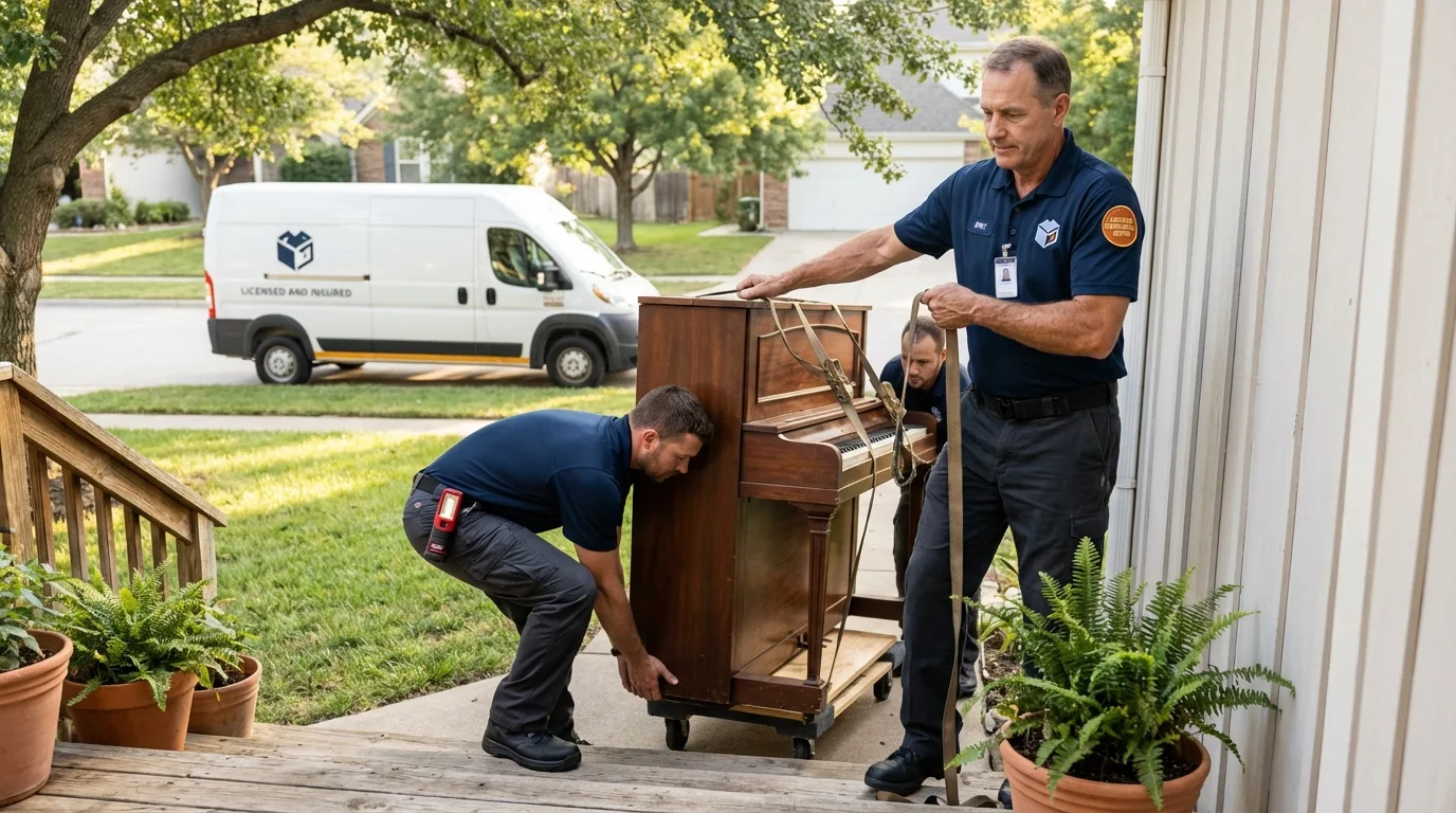 Licensed piano movers securing grand piano in Macon, MS