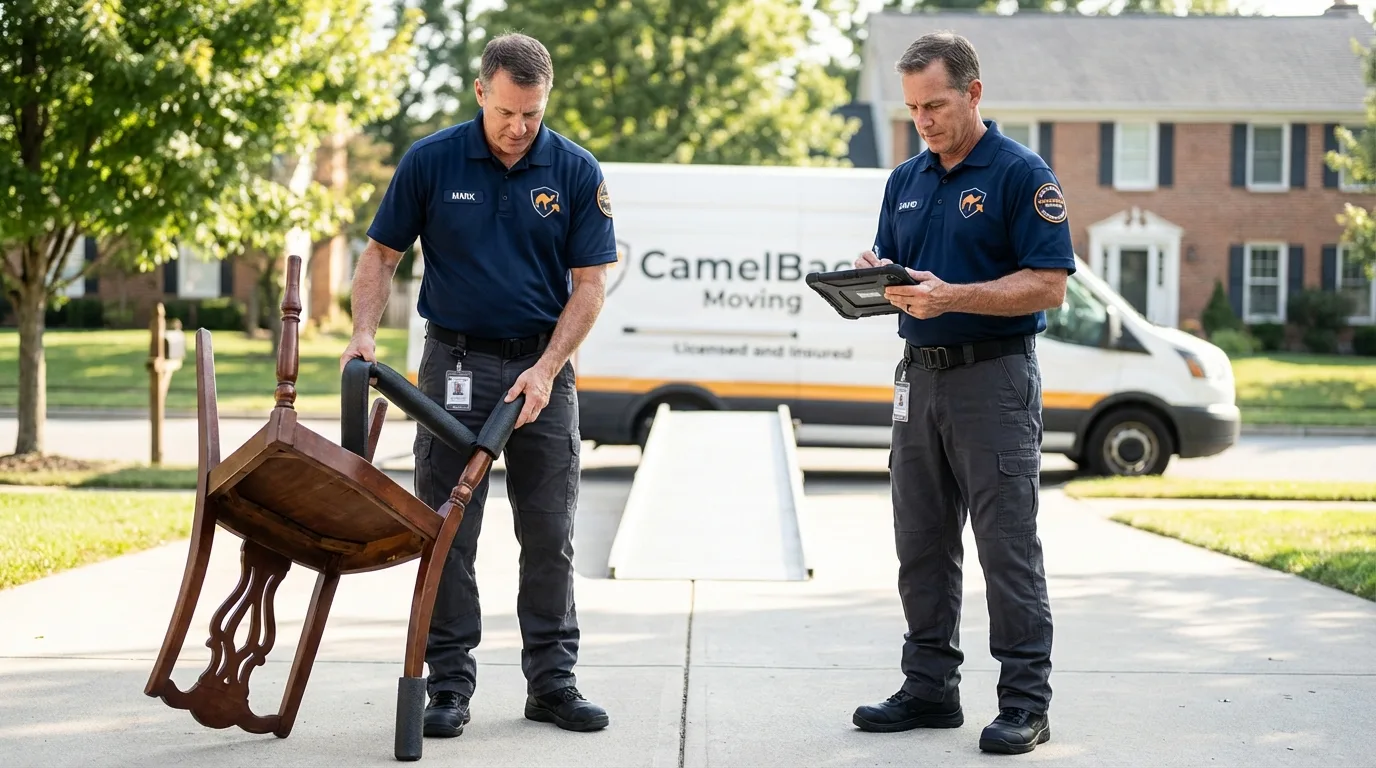 Movers inspecting furniture for damage prevention before loading in Macon, MS